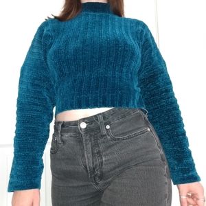 American Eagle Teal Knit Mock Neck Sweater Cropped